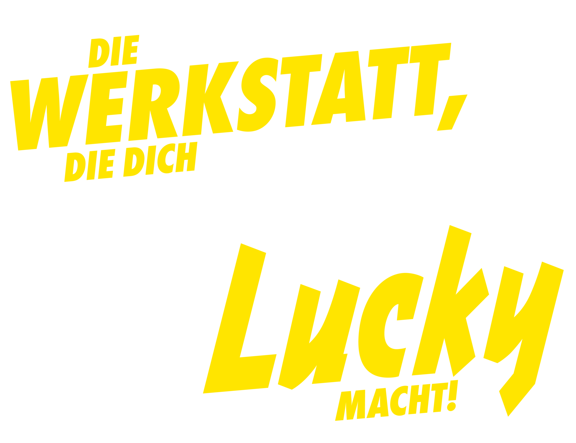 Gelber Schriftzug „Die Werkstatt, die dich lucky macht!“